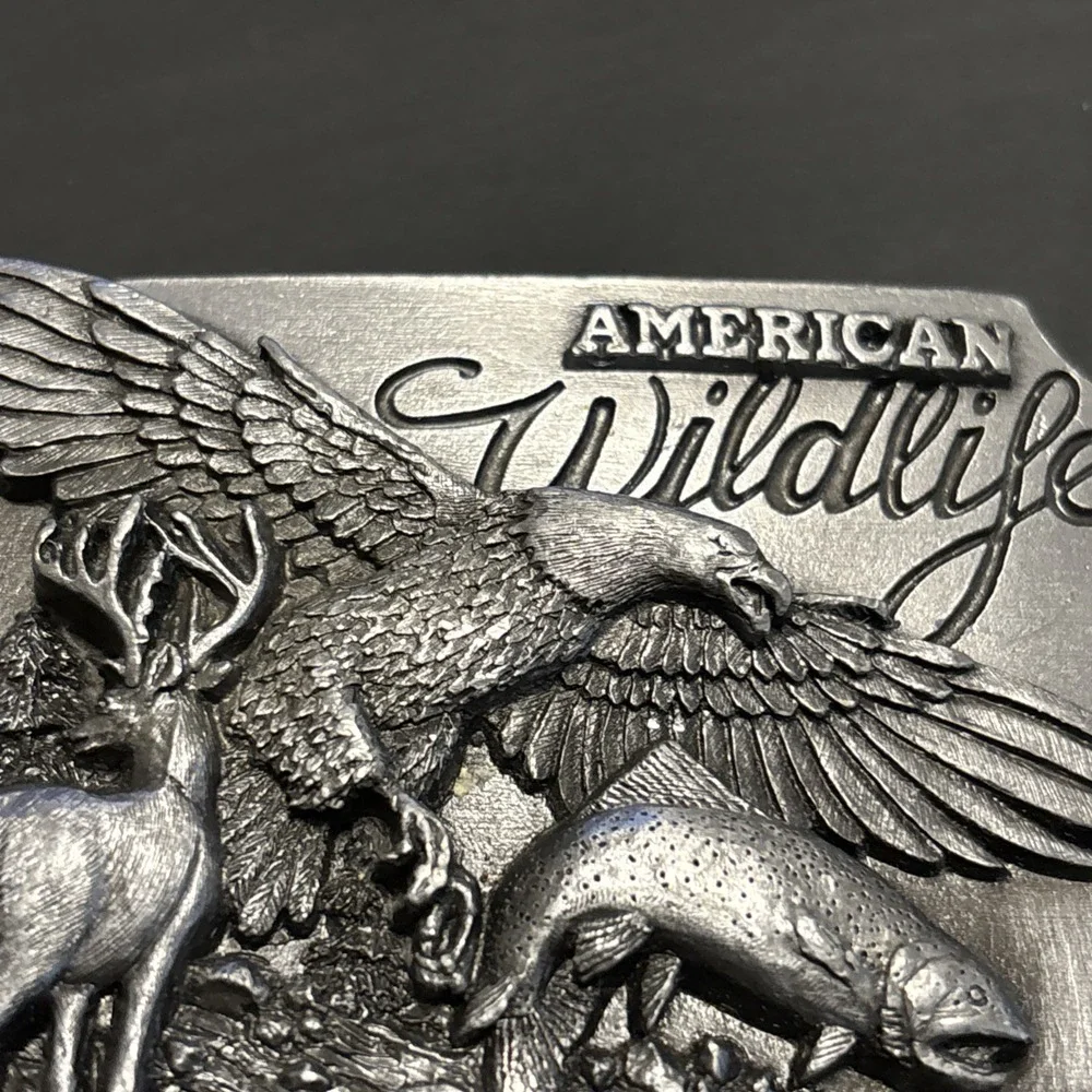 1989 Siskiyou American Wildlife Pewter Belt Buckle Eagle Deer Trout #116/2500